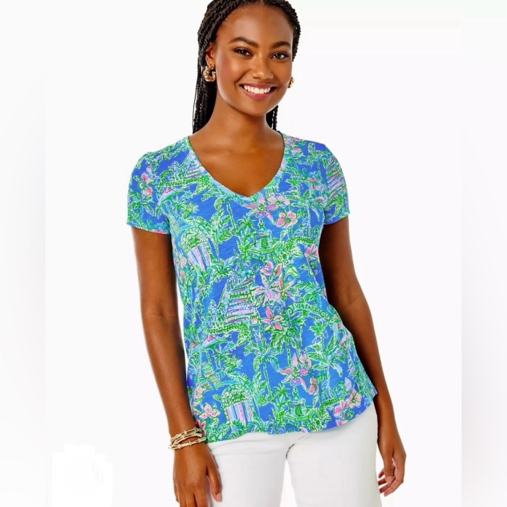 🆕💕🌴LILLY PULITZER🌴ETTA V-NECK TOP/ BOCA BLUE BENEATH THE BOUGAINVIL